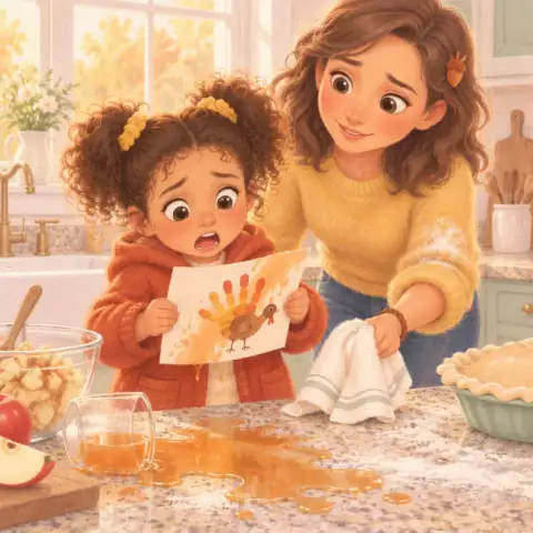 Apple juice spilling across Tavi's turkey card on the counter