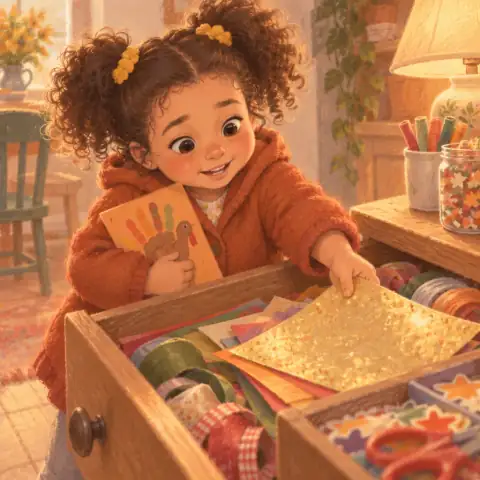 Tavi tiptoeing to Grandma's craft room and finding gold-flecked paper in a drawer