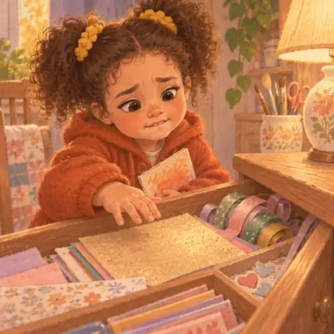 Tavi's hand hovering over the gold paper, thinking hard