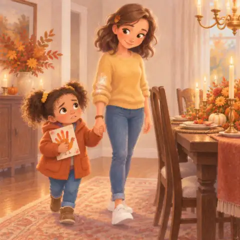 Tavi and Mom walking to a dining table set with candles and pumpkins