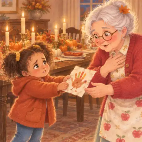 Tavi holding out the smudged card to Grandma with shaking hands