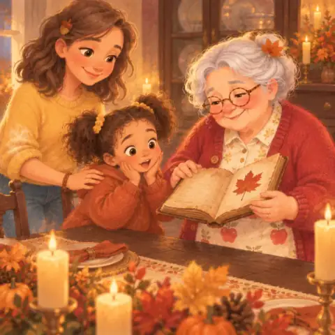 Grandma pulling a pressed red leaf from her recipe book