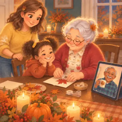 Grandpa Joe cheering on a tablet screen as Grandma tapes the leaf onto the card