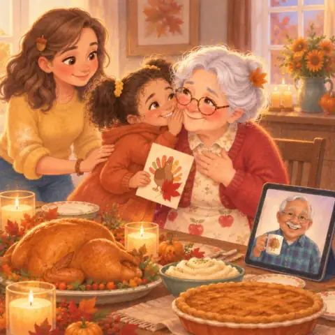 Tavi leaning close to Grandma, the card with its leaf in her hands