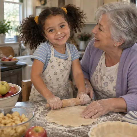 Sample photo: Tavi baking a pie in the kitchen
