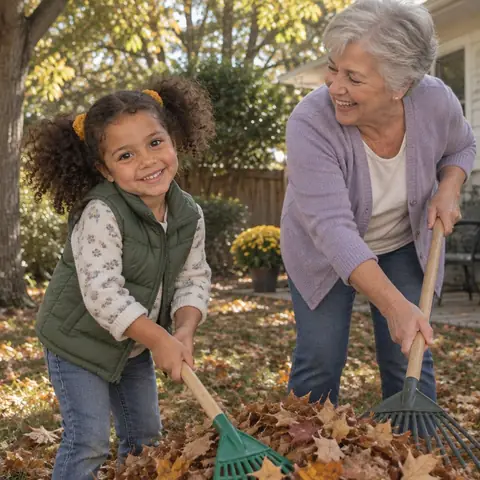 Sample photo: Tavi raking leaves